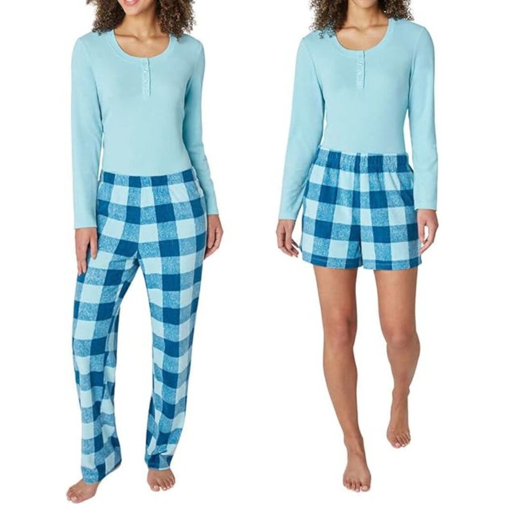 NEW Blue Plaid Sz Small Shirt Shorts & Pants 3 Pc Pajama Lounge Set EDDIE BAUER